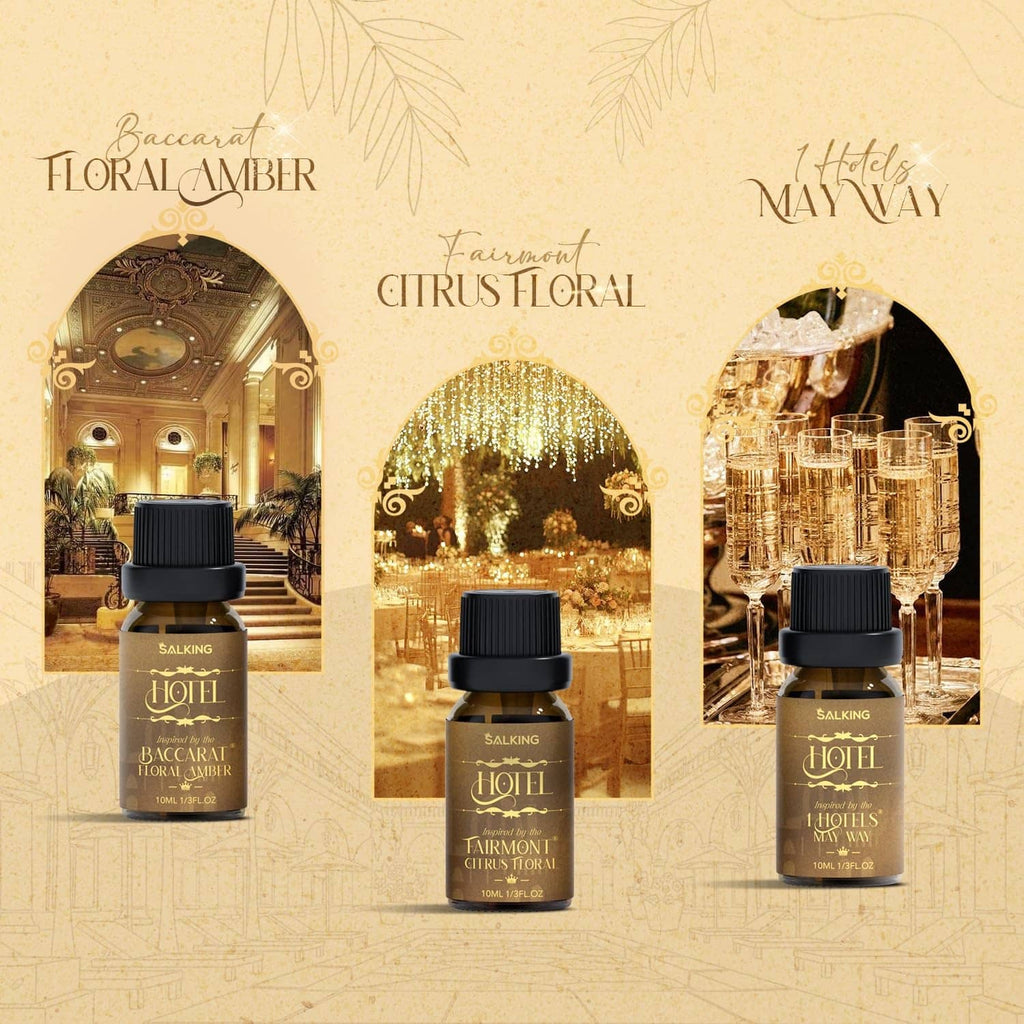 Hotel scent essential oil bottle set with four fragrances shown on a display card