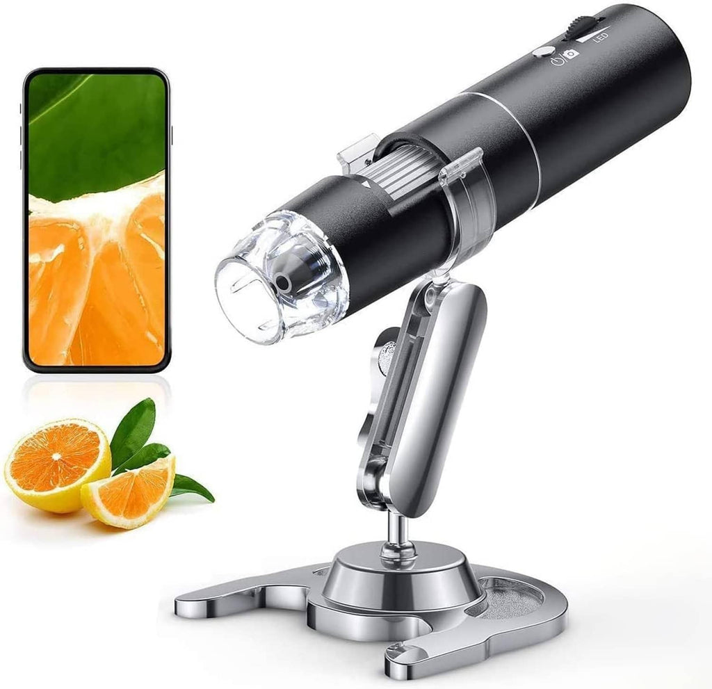 Skybasic wireless digital microscope on base stand, black body with clear lens window