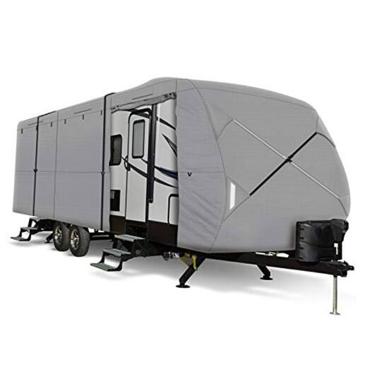 Grey travel trailer cover with cross-strap panel and front tie-down, side view