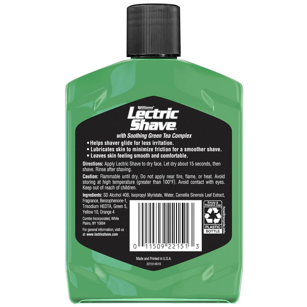 Green electric razor pre-shave bottle back label with barcode and ingredients