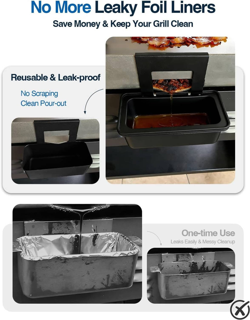 Black silicone drip pan liner set with leak-proof pour-out opening