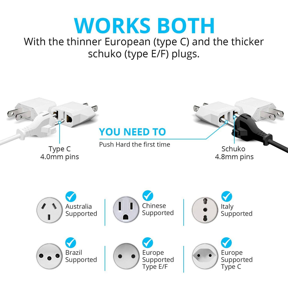 White European to US plug adapter for EU type C and thicker shuko E/F plugs