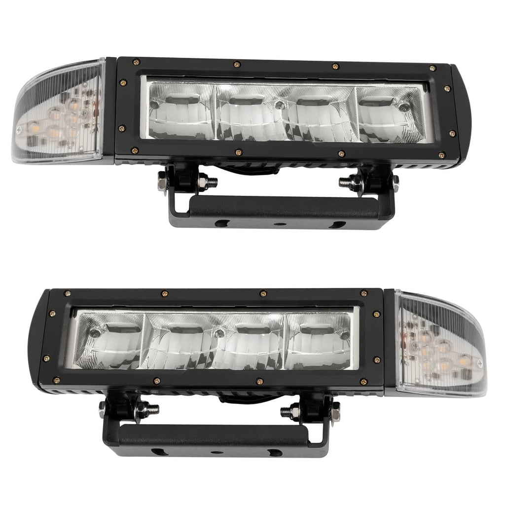 Two LED plow light bars showing front clear lenses with black frames and side amber lamps