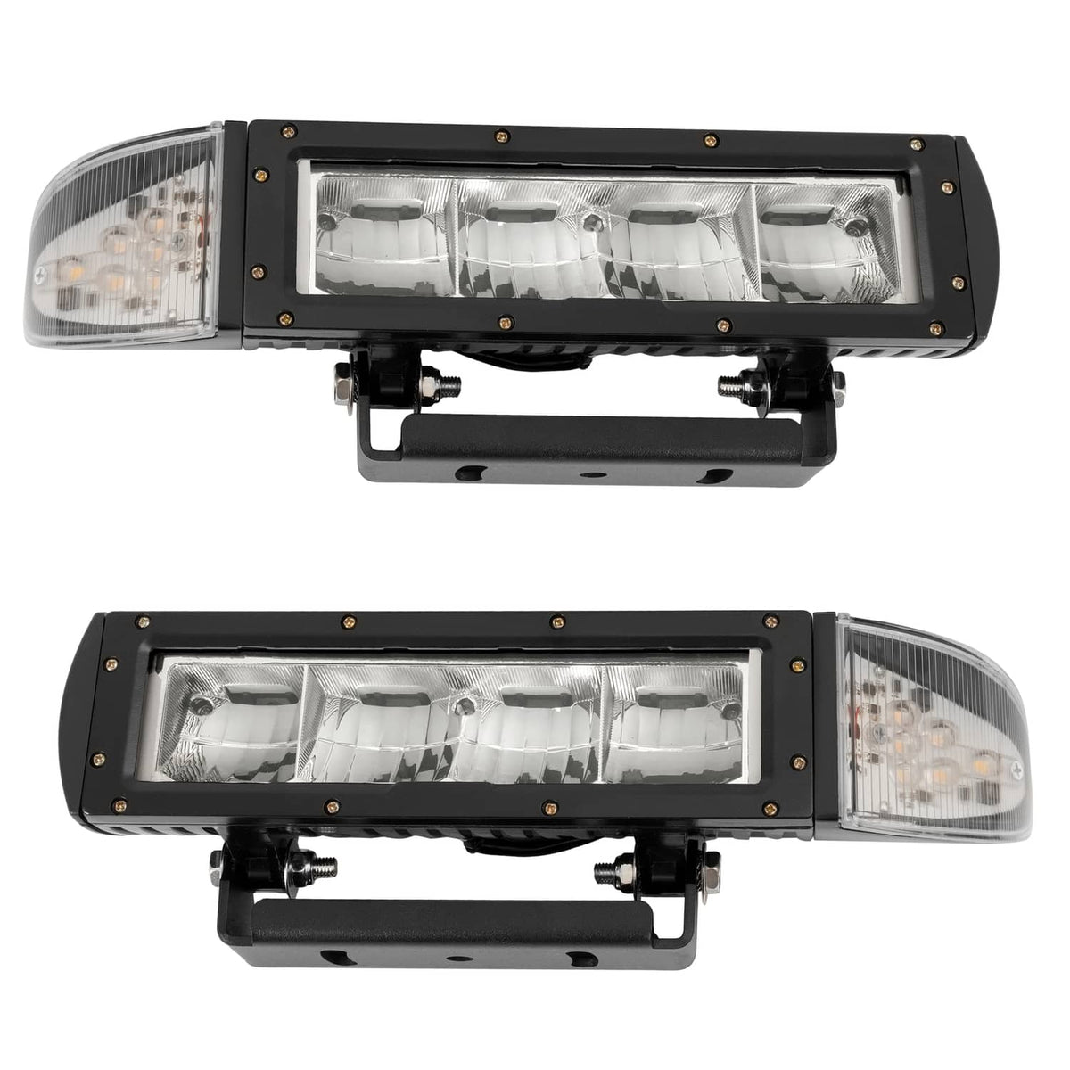 Two LED plow light bars showing front clear lenses with black frames and side amber lamps