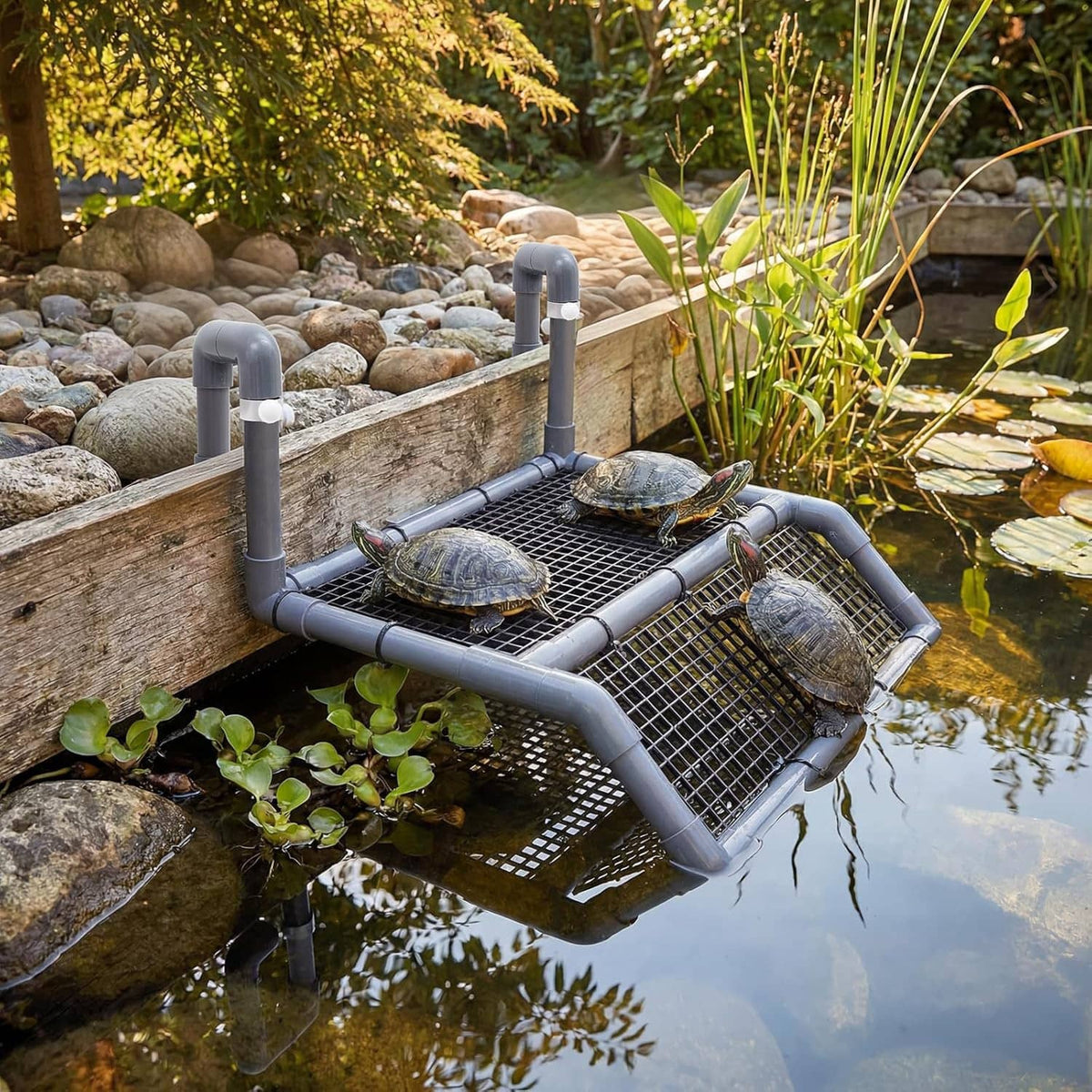 Hanging turtle basking platform with black mesh grate and grey frame beside aquarium