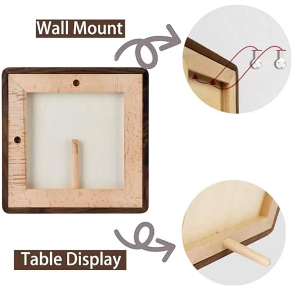 Walnut picture frame with wood backing, supports wall mount or table display.