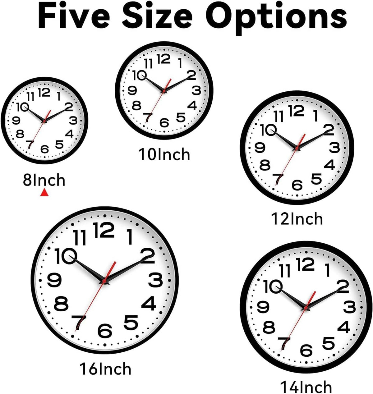 Wall clock size options display: 8, 10, 12, 14, and 16 inch black-framed clocks