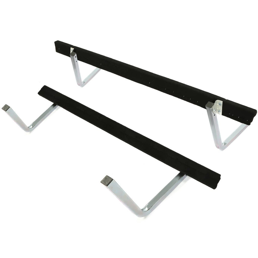 Black bunk boards with silver adjustable guide brackets and curved support legs