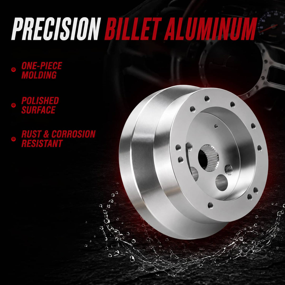 Polished aluminum steering wheel hub adapter with center spline opening and bolt holes