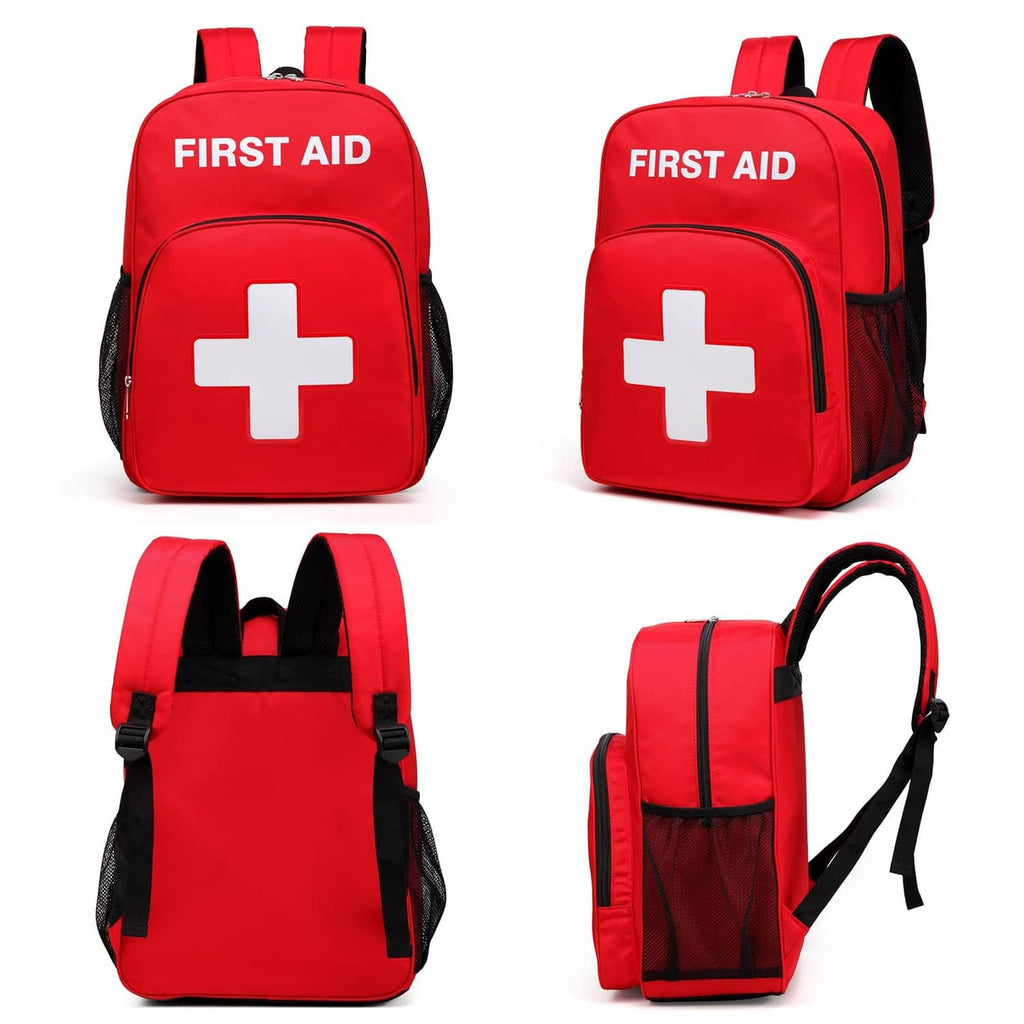 Red first aid backpack with white cross logo, front pocket, side mesh pockets, carry handle