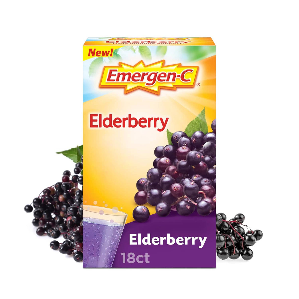 Emergen-C Elderberry fizzy drink mix box with elderberries, 18ct pack label