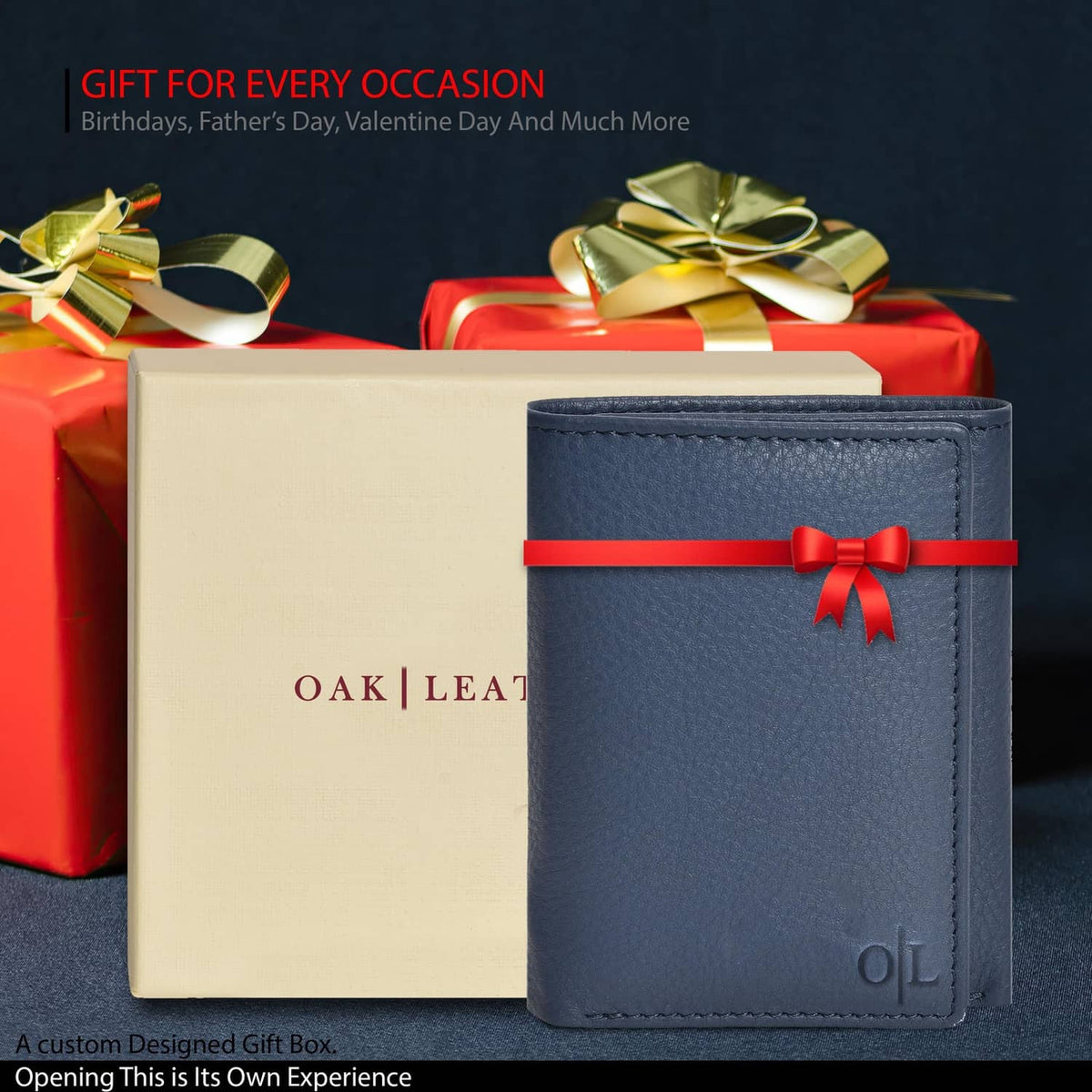 Blue real leather trifold wallet secured with a red gift ribbon
