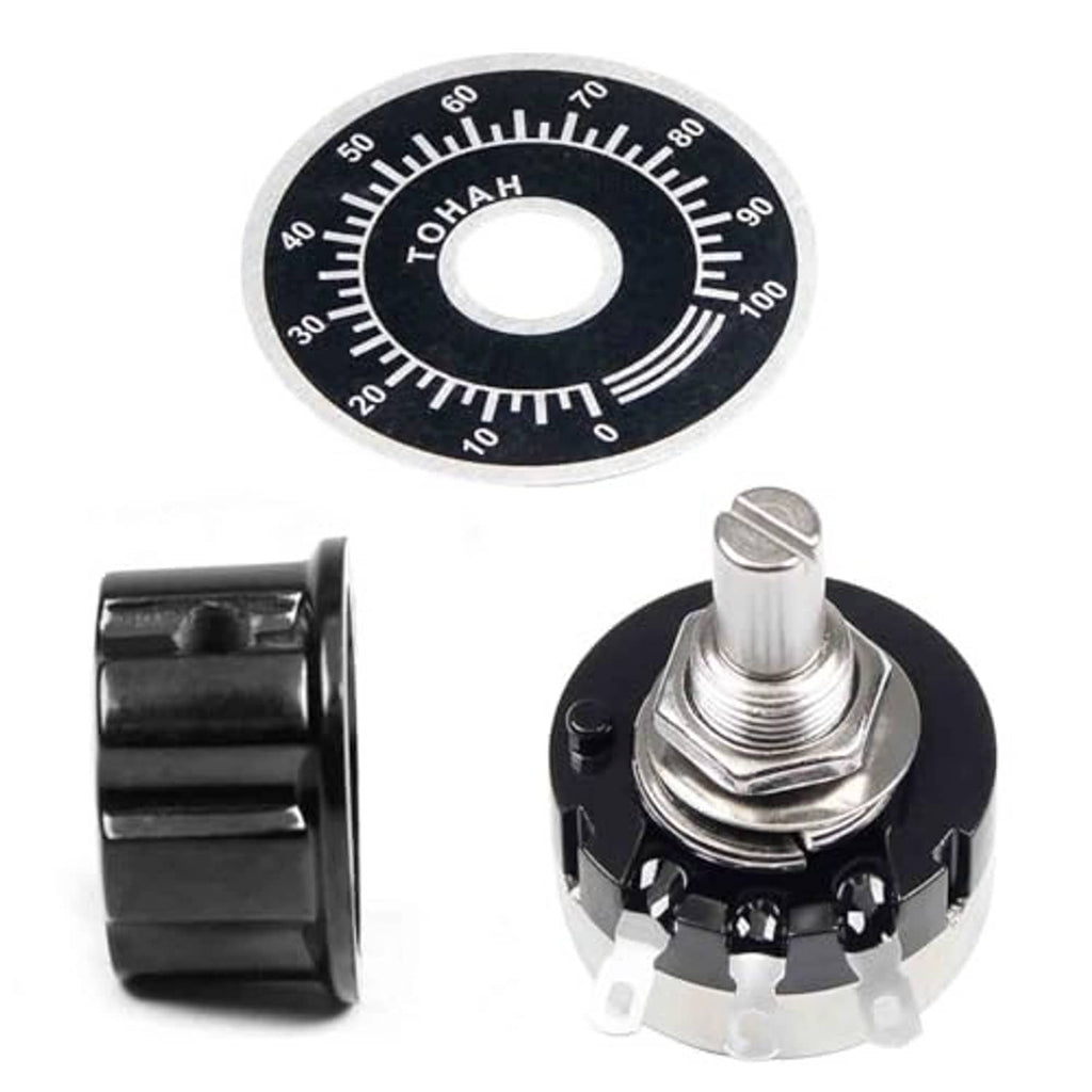 Close-up potentiometer dial and metal shaft; black adjustment housing with pin terminals