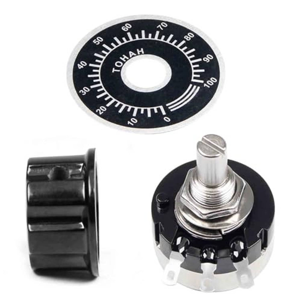 Close-up potentiometer dial and metal shaft; black adjustment housing with pin terminals