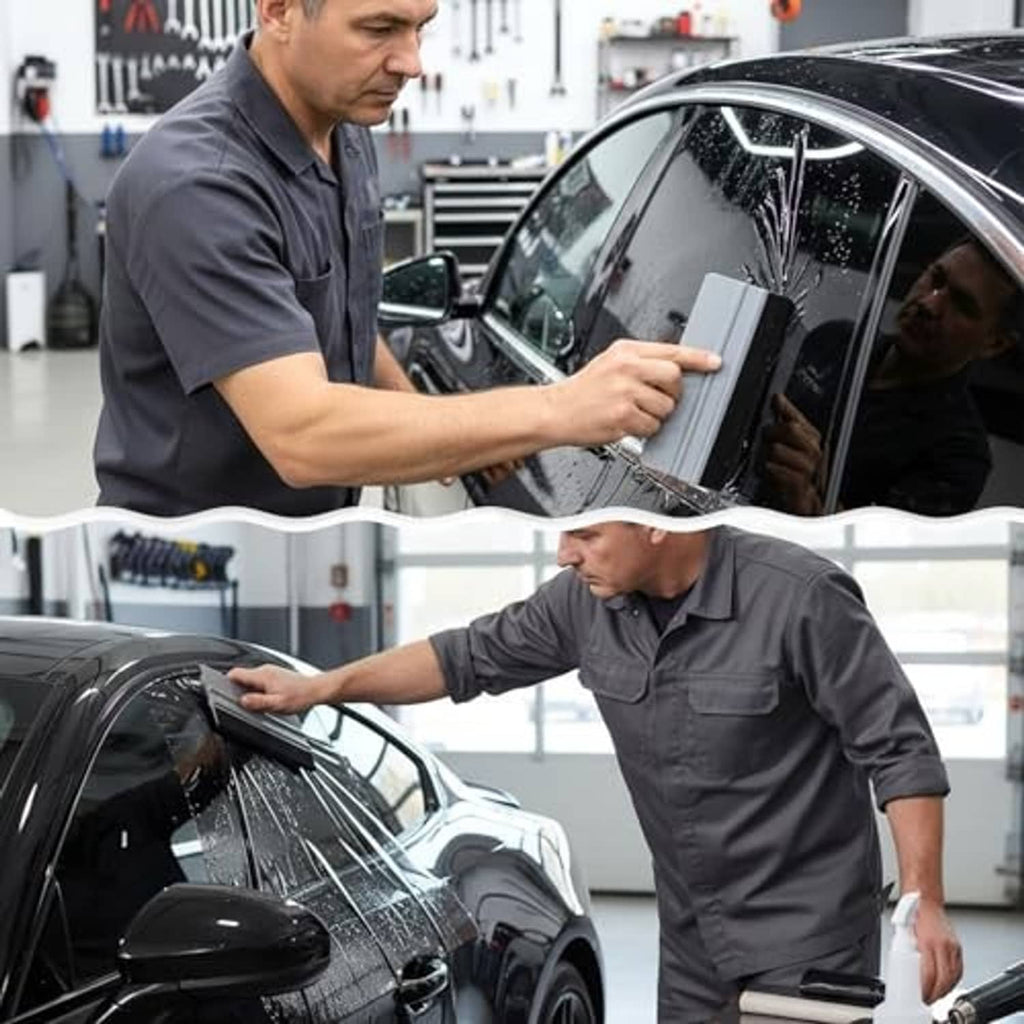 Car window tint squeegee tool with gray body and black felt edge, in use by a worker.