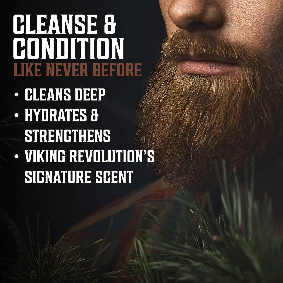 Viking Revolution Sandalwood beard care bottle with man’s beard close-up