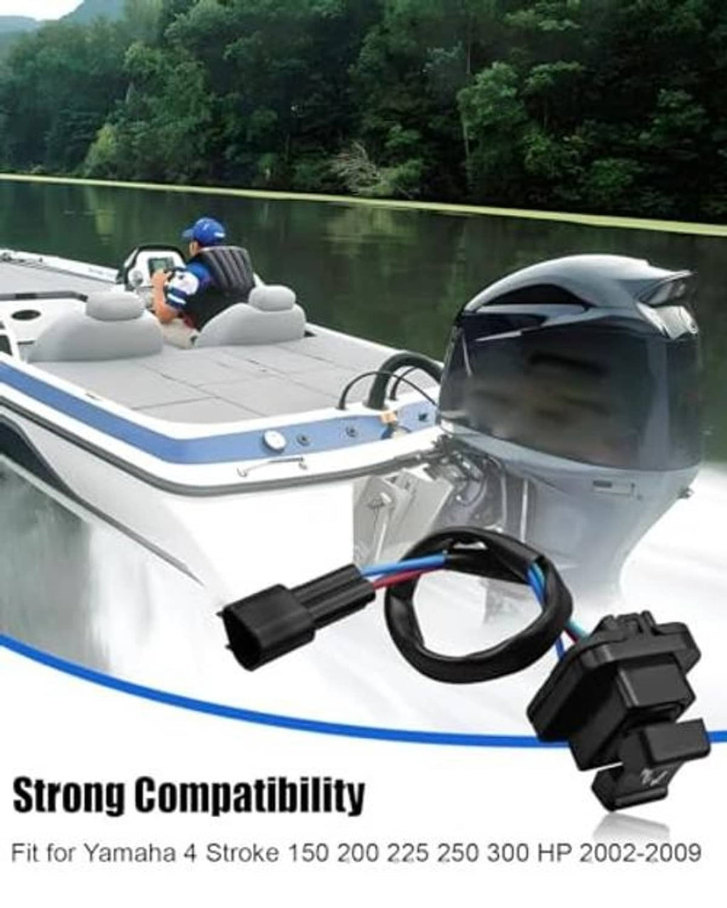 Black trim and tilt switch with red and blue wires on outboard motor housing