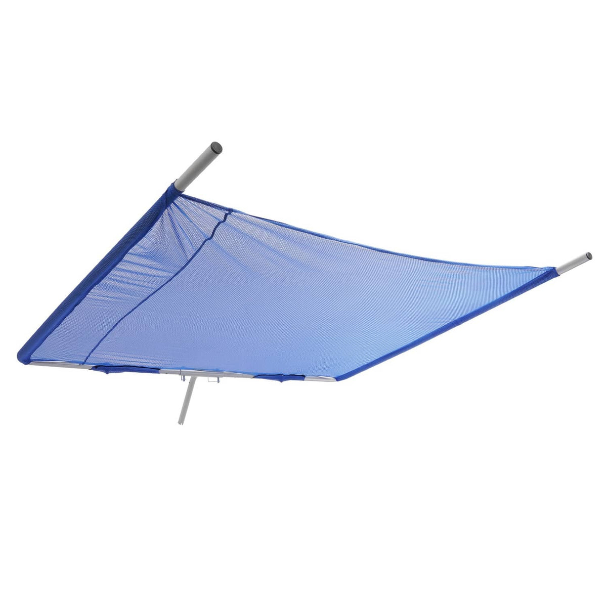 Blue boat sun shade canopy with silver poles on opposite corners, angled view