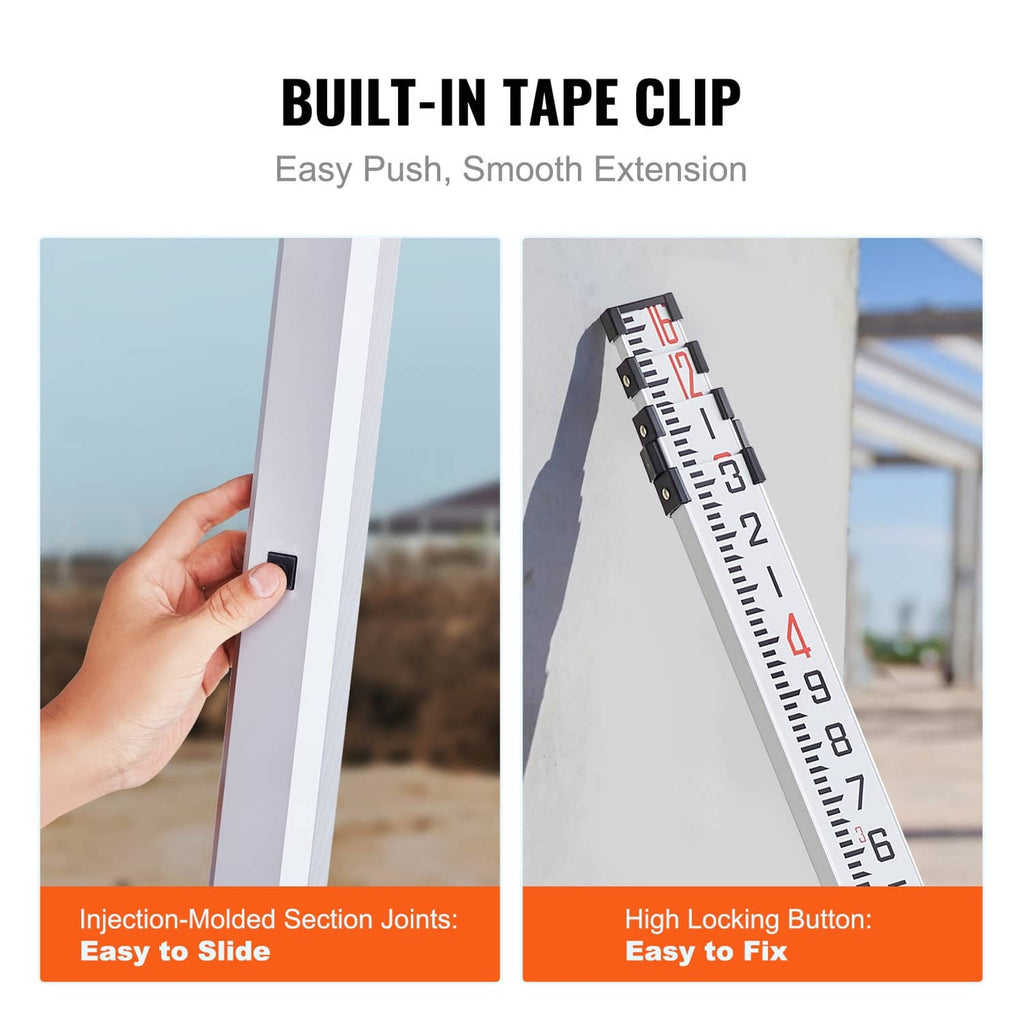 Telescopic measuring rod with built-in tape clip and locking push button