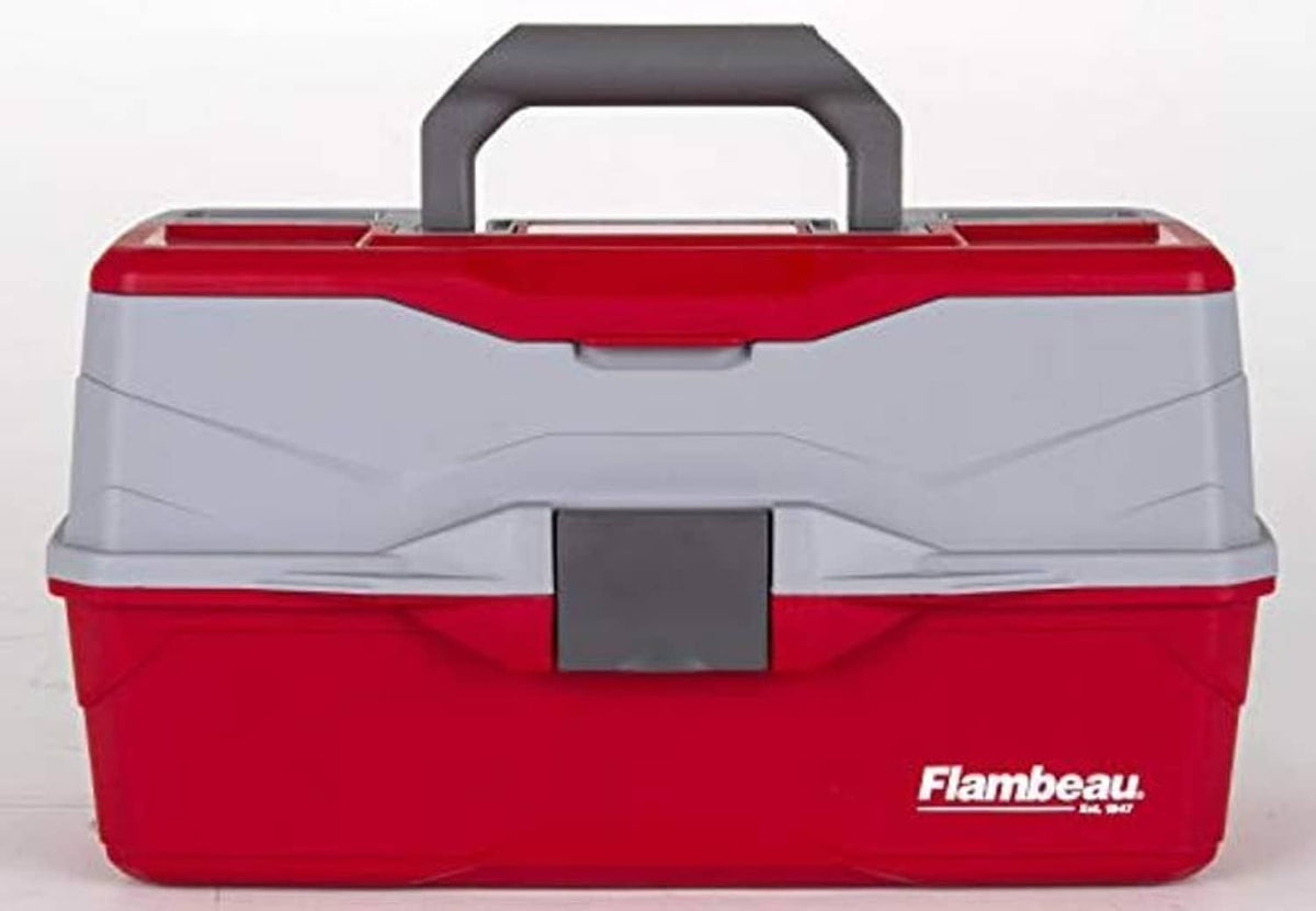 Red and gray tackle box front view with top handle and central latch