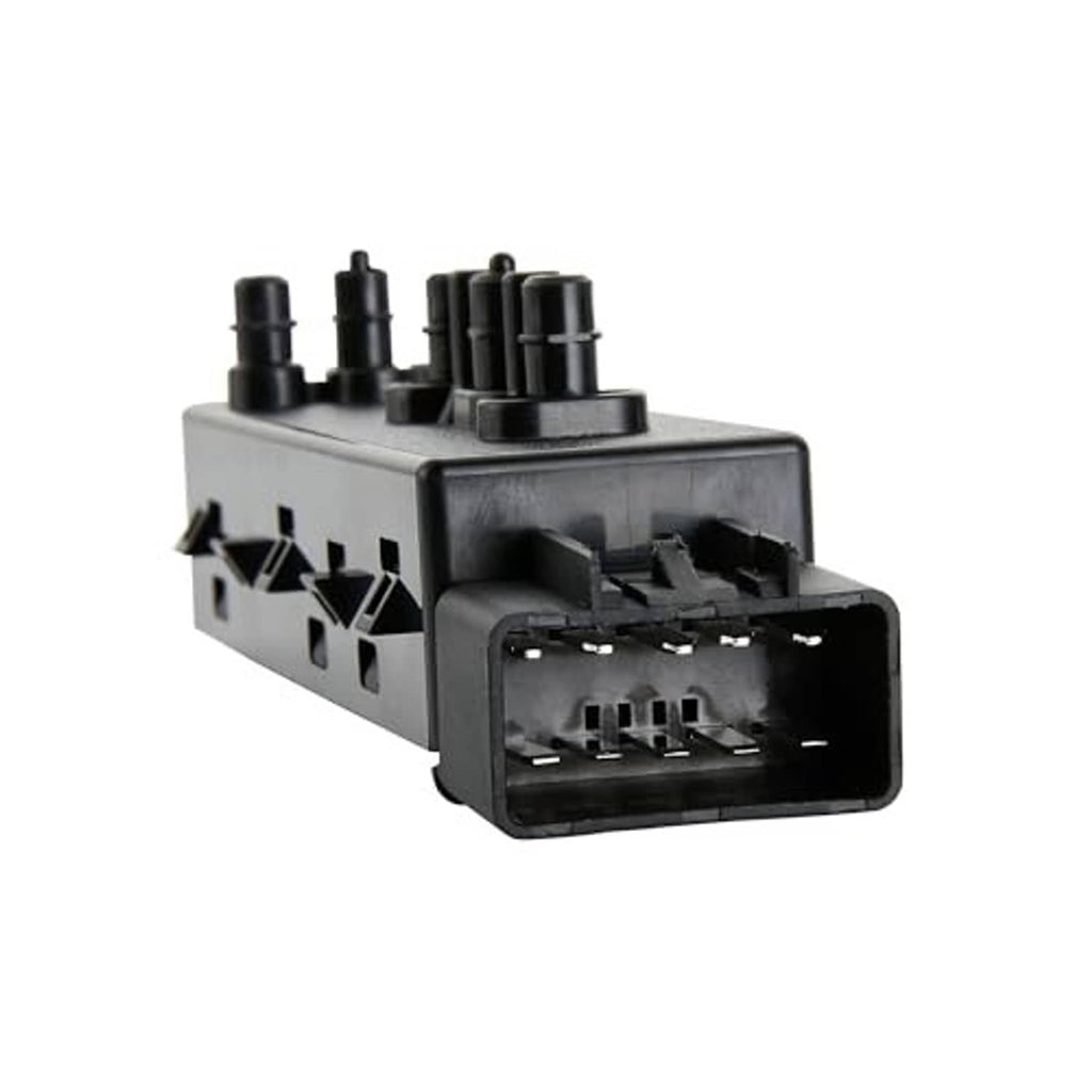 Black power seat switch module with front connector and row of pin openings