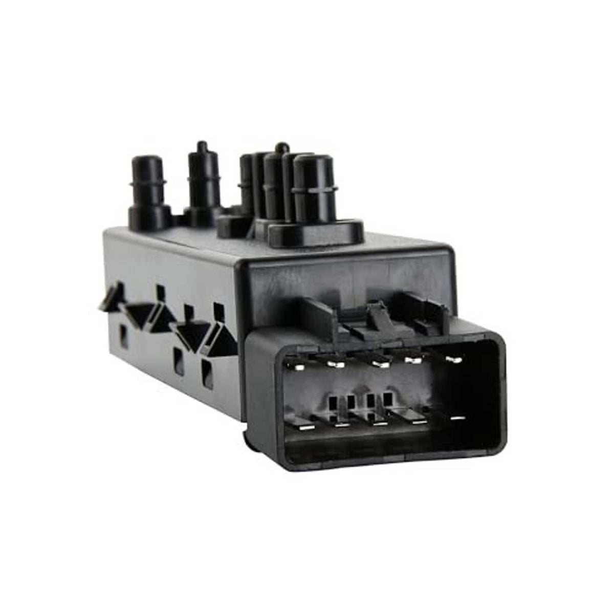 Black power seat switch module with front connector and row of pin openings