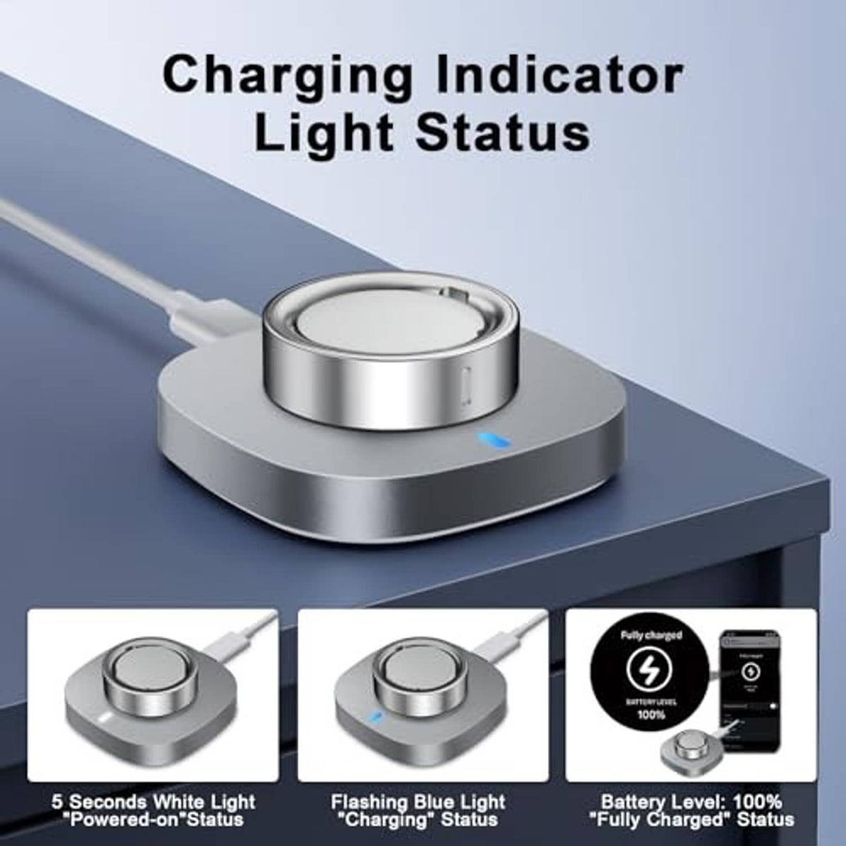 Metal charging dock with blue indicator light and round ring cradle