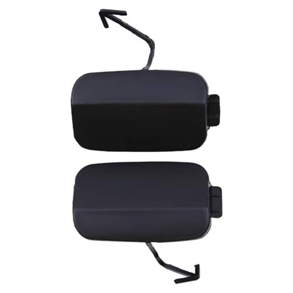 Rear tow hook eye cover cap pair, dark blue/black plastic with clip tab mounts