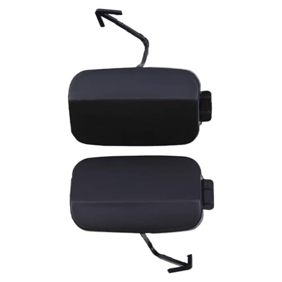 Rear tow hook eye cover cap pair, dark blue/black plastic with clip tab mounts