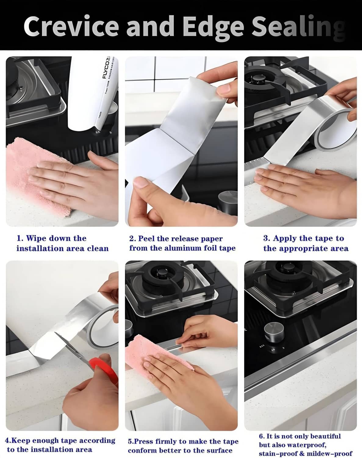 Silver aluminum foil tape sealing a gap along a stove or vent edge; firmly pressed down