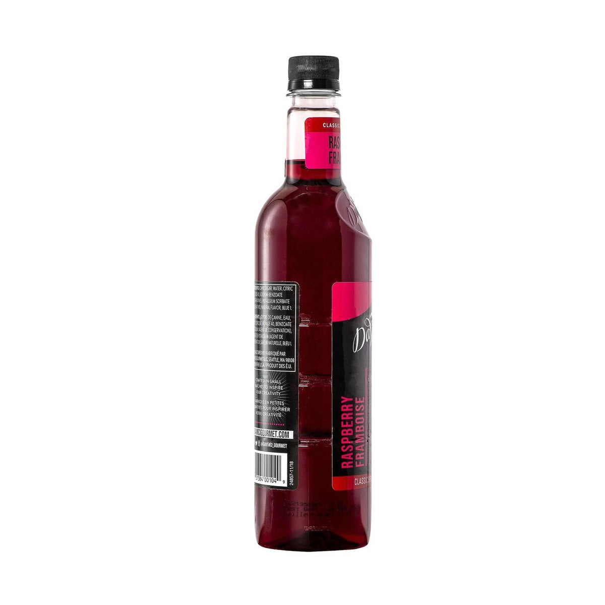 DaVinci Gourmet raspberry syrup bottle, back label with text blocks and barcode
