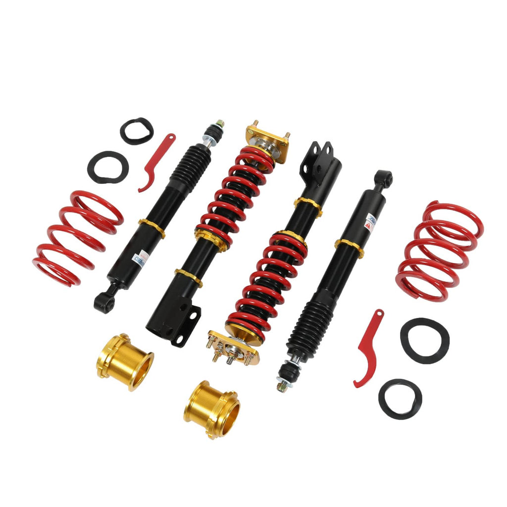 Suspension coilover kit with red coil springs, black shocks, gold sleeves, and brackets