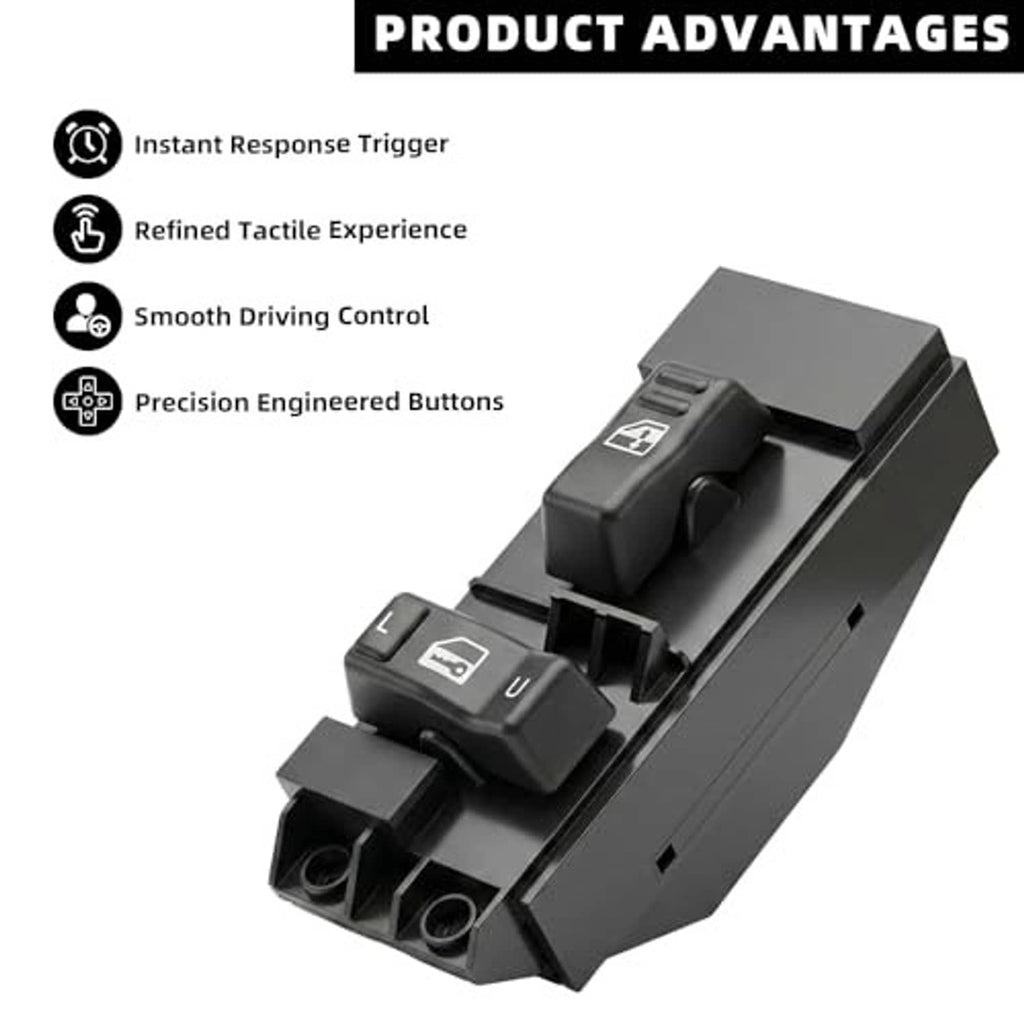 Power window switch unit with door lock and mirror control buttons, black plastic housing
