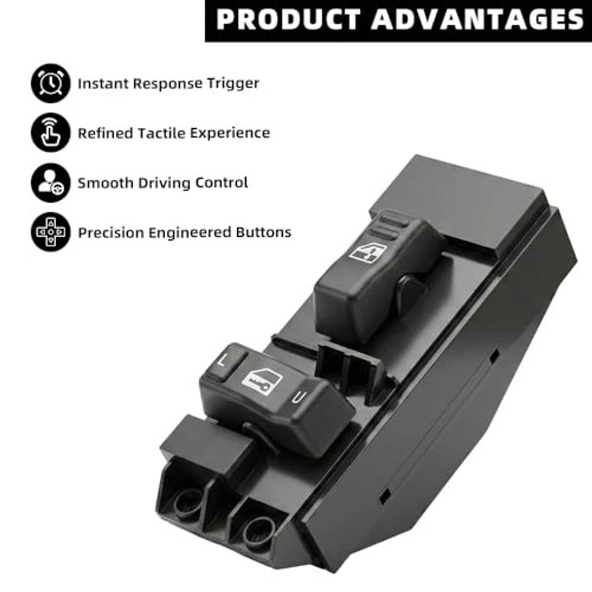 Power window switch unit with door lock and mirror control buttons, black plastic housing