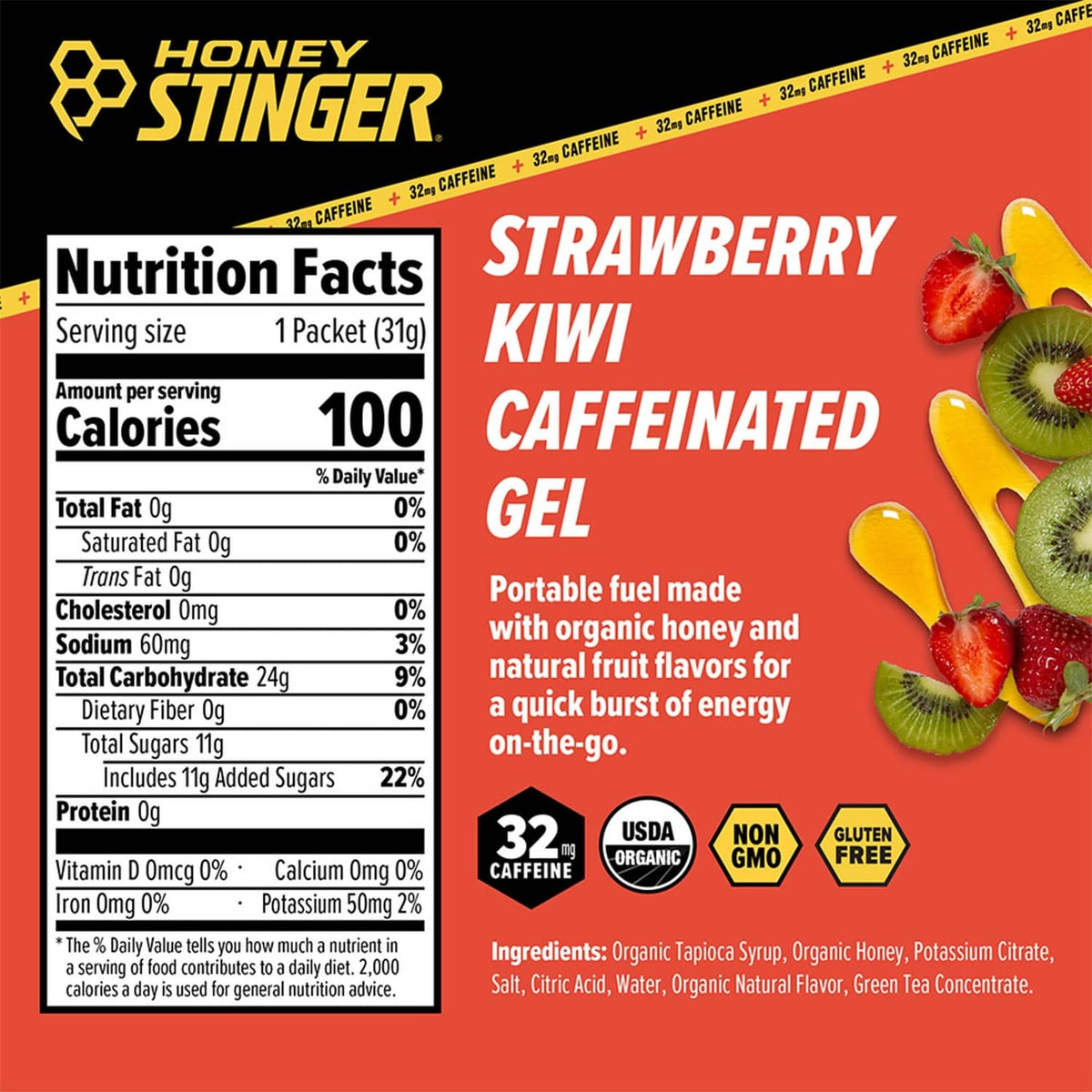 Caffeinated energy gel label: Strawberry Kiwi, Nutrition Facts and 32 mg caffeine