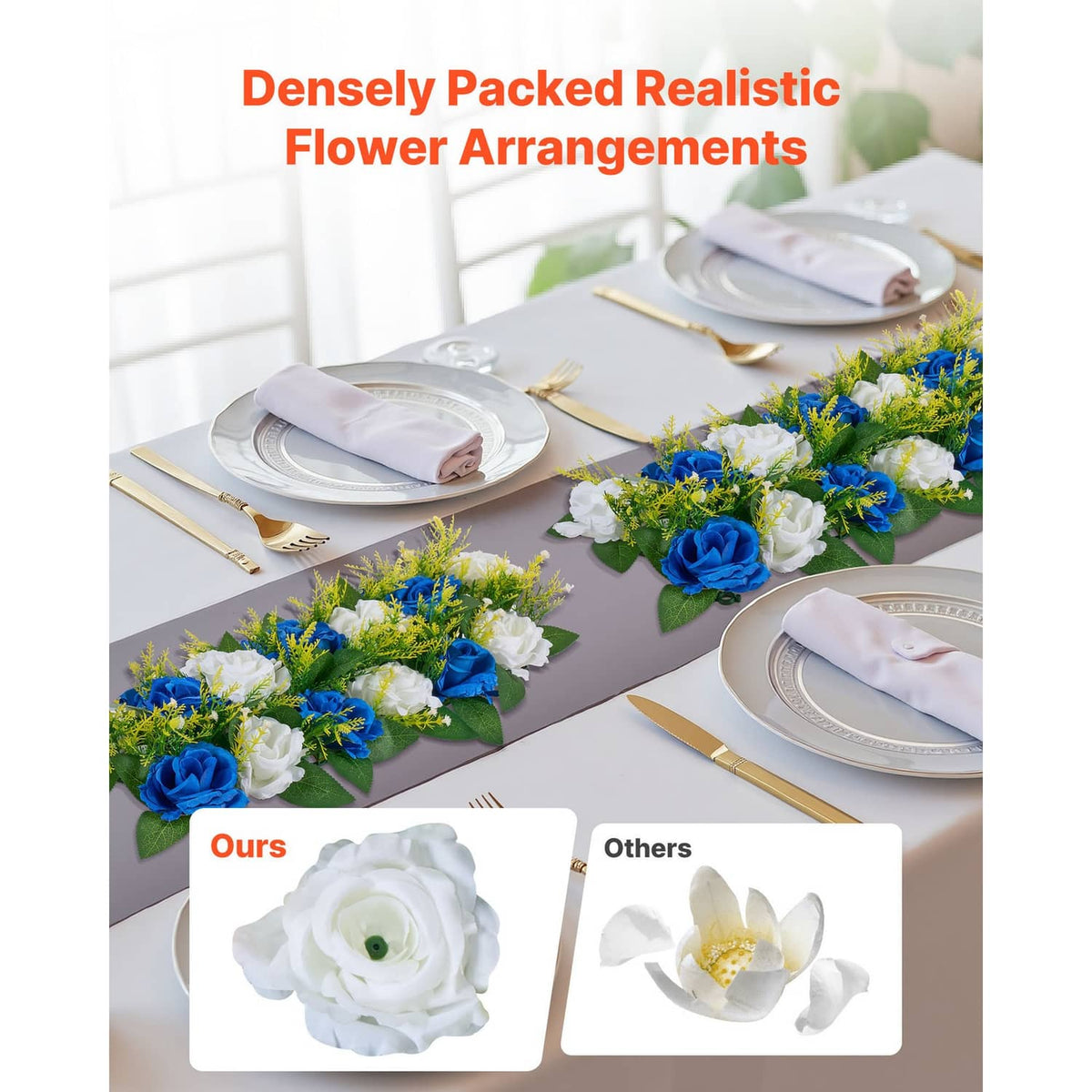 Blue and white artificial flower garland centerpiece with roses and green foliage on table