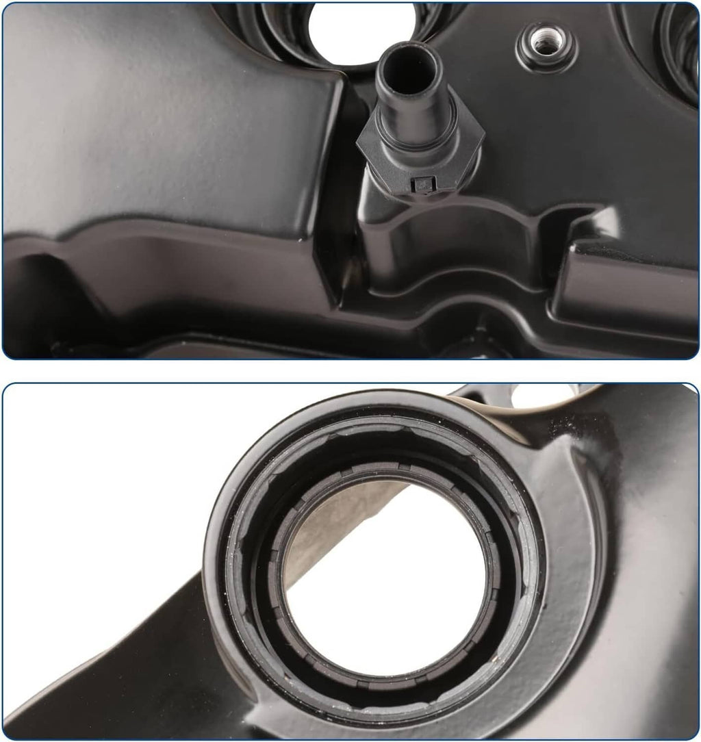 Black valve cover with close-up of molded channels and circular opening with gasket seat