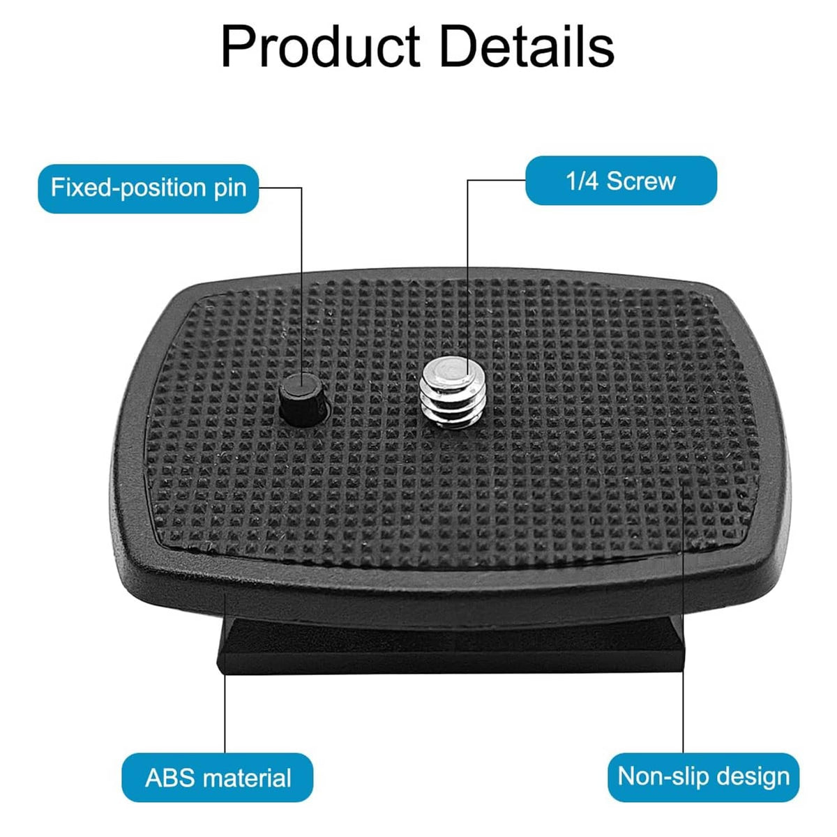 Textured black quick release plate with raised 1/4 screw and fixed-position pin