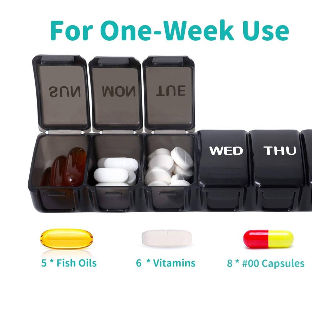 Weekly pill organizer open for one-week use, compartments holding white tablets and capsules
