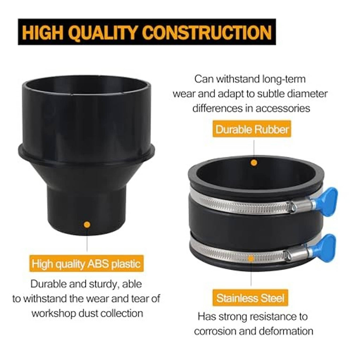 Black ABS plastic adapter and flexible cuff with two steel clamps and blue handles