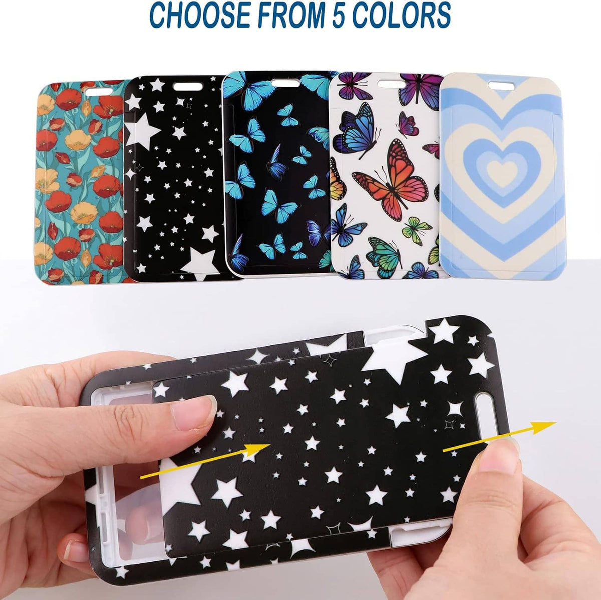 Black star-pattern card holder with clear insert, held between hands