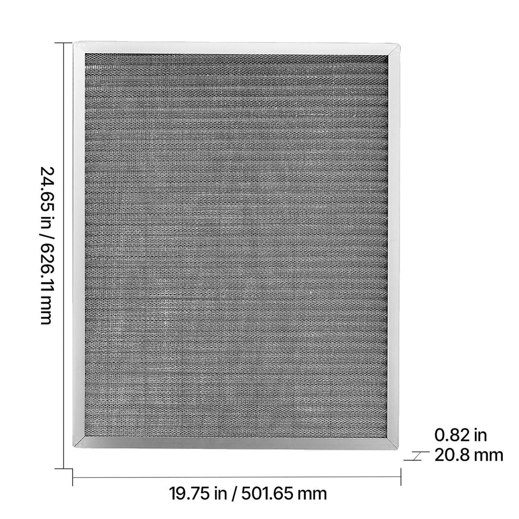 Gray electrostatic air filter mesh panel in silver frame, front view