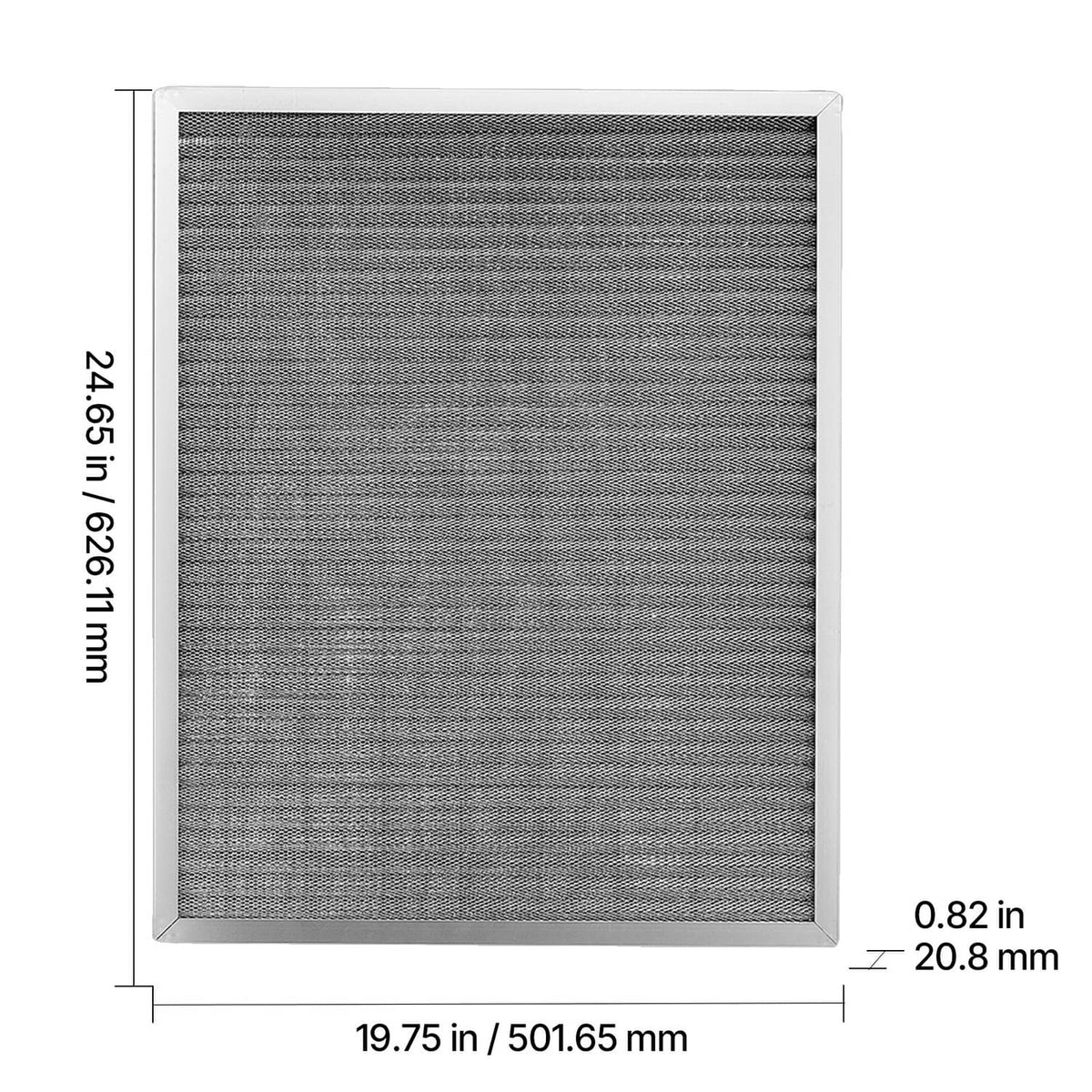 Gray electrostatic air filter mesh panel in silver frame, front view