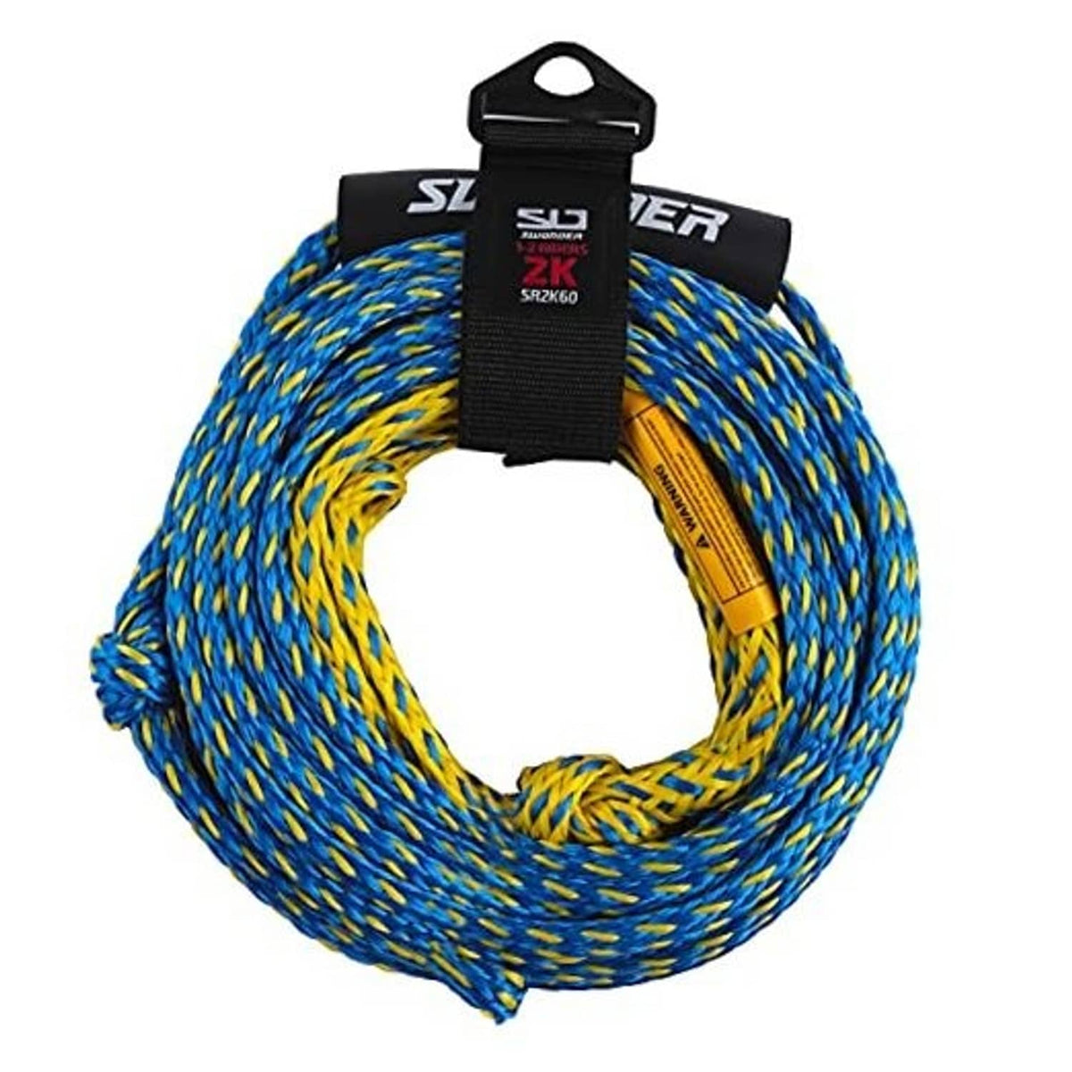 Tow rope for tubing, blue and yellow braided 60 ft 2-section with black carry strap