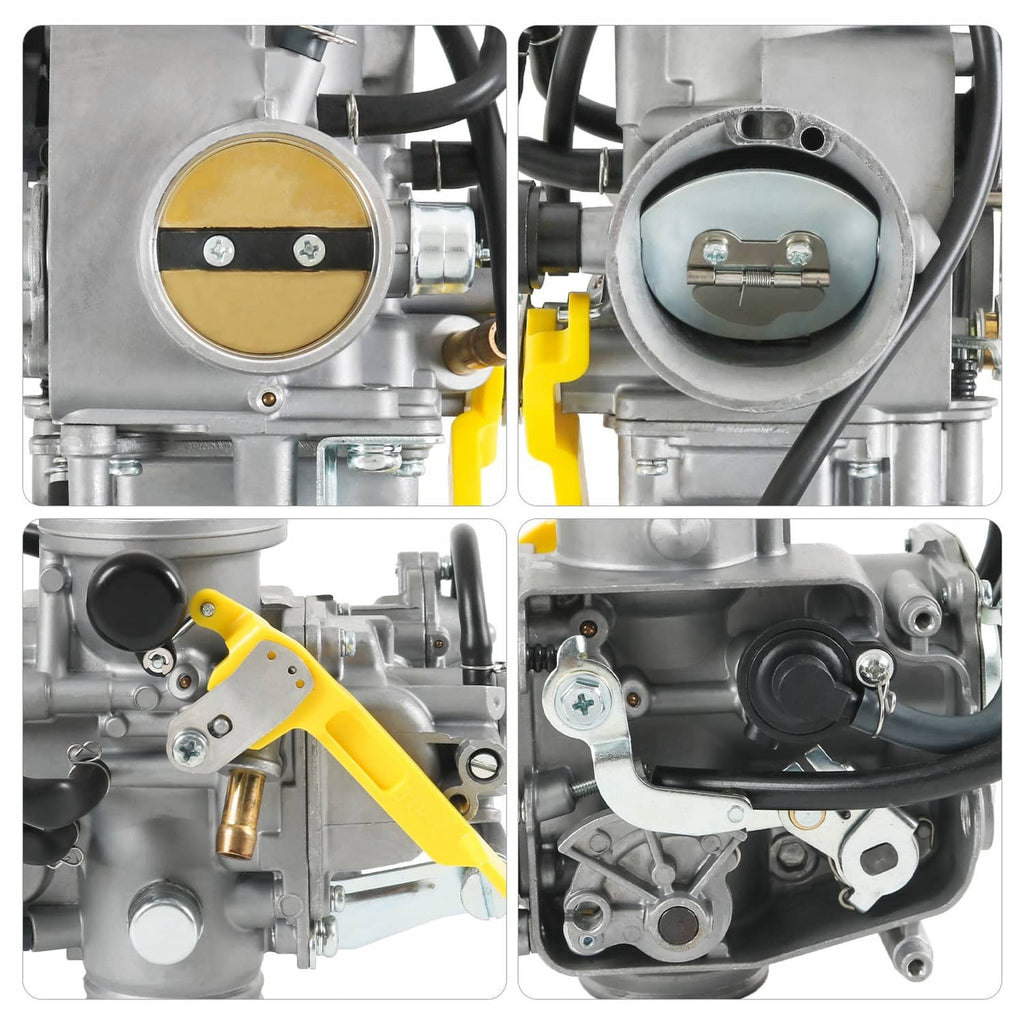 Close-up set of ATV carburetor components, showing throttle body, hoses, and yellow lever