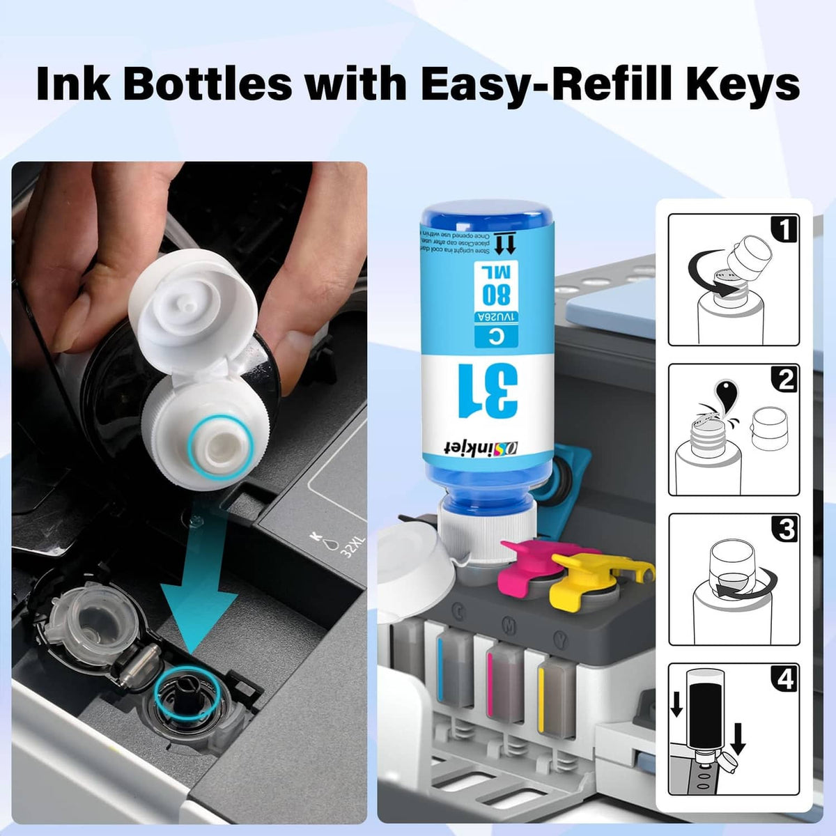 Ink bottles with refill keys and nozzles for easy cartridge refilling