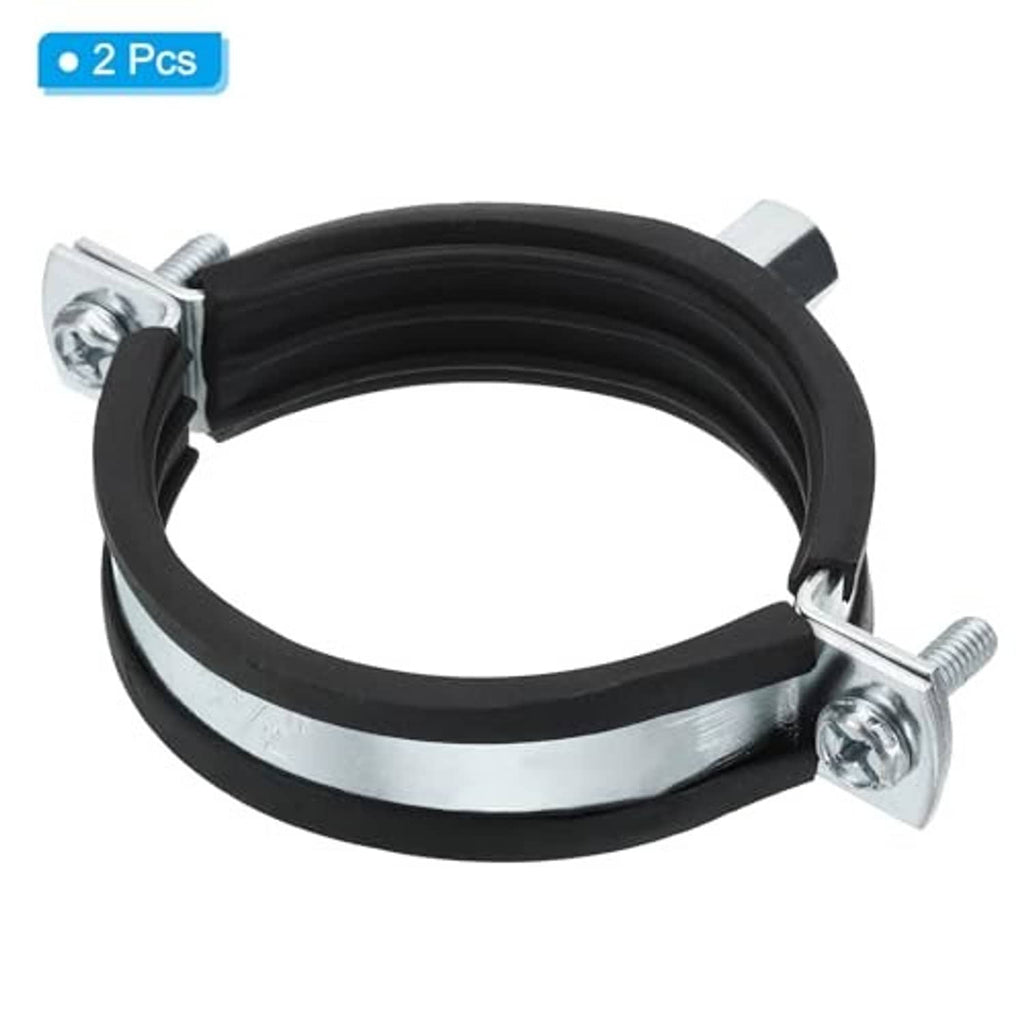 2-pack split ring pipe hanger with black rubber lining and zinc-plated metal band clamps
