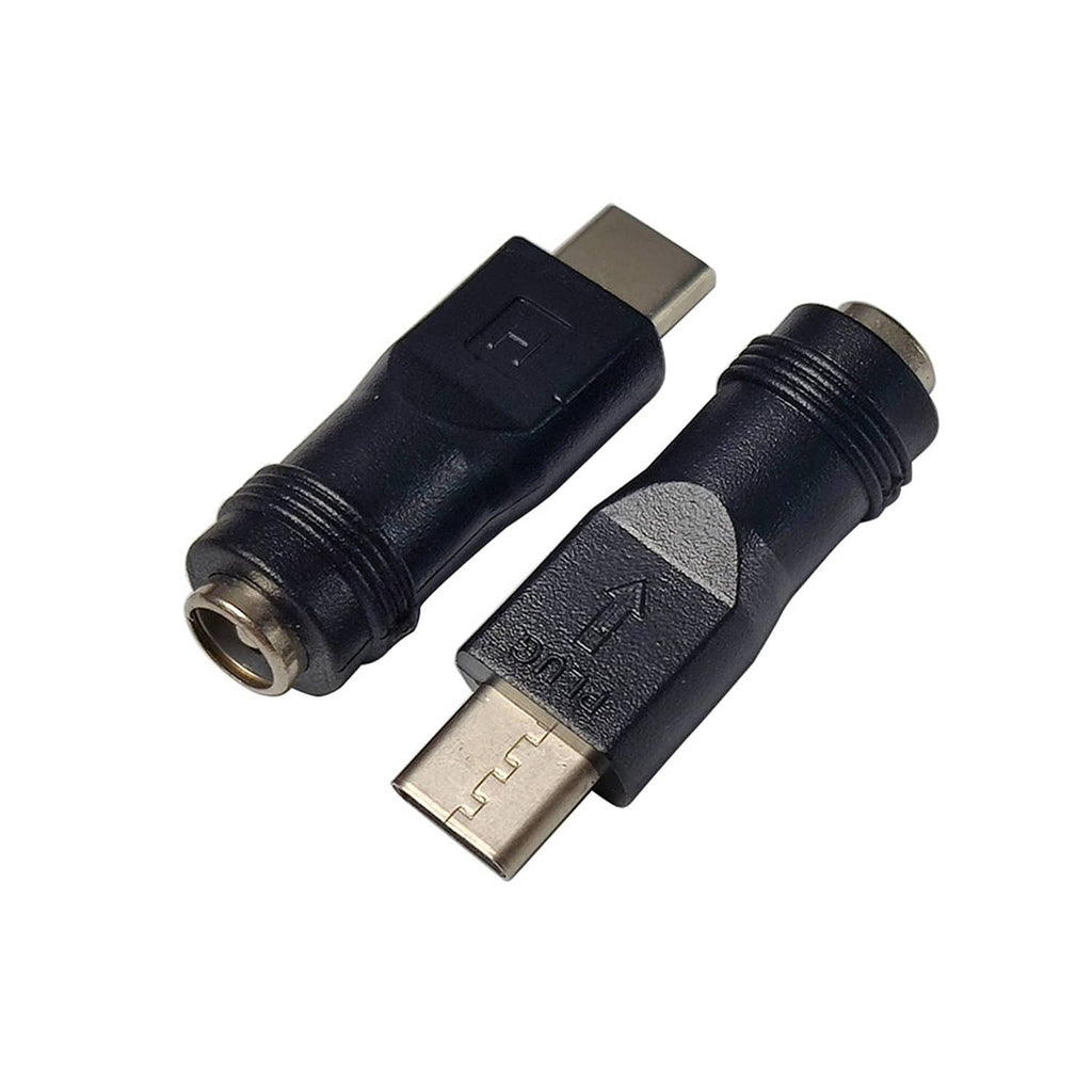 Black USB-C male to DC 5.5x2.1mm barrel jack adapter with angled plugs