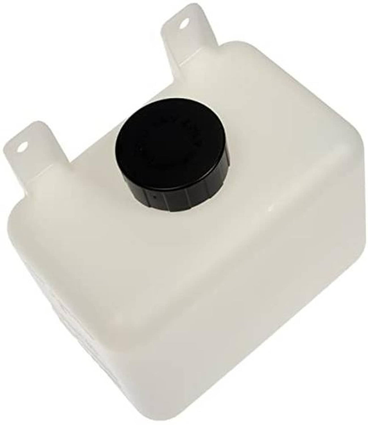 White fluid reservoir with black cap and two mounting tabs
