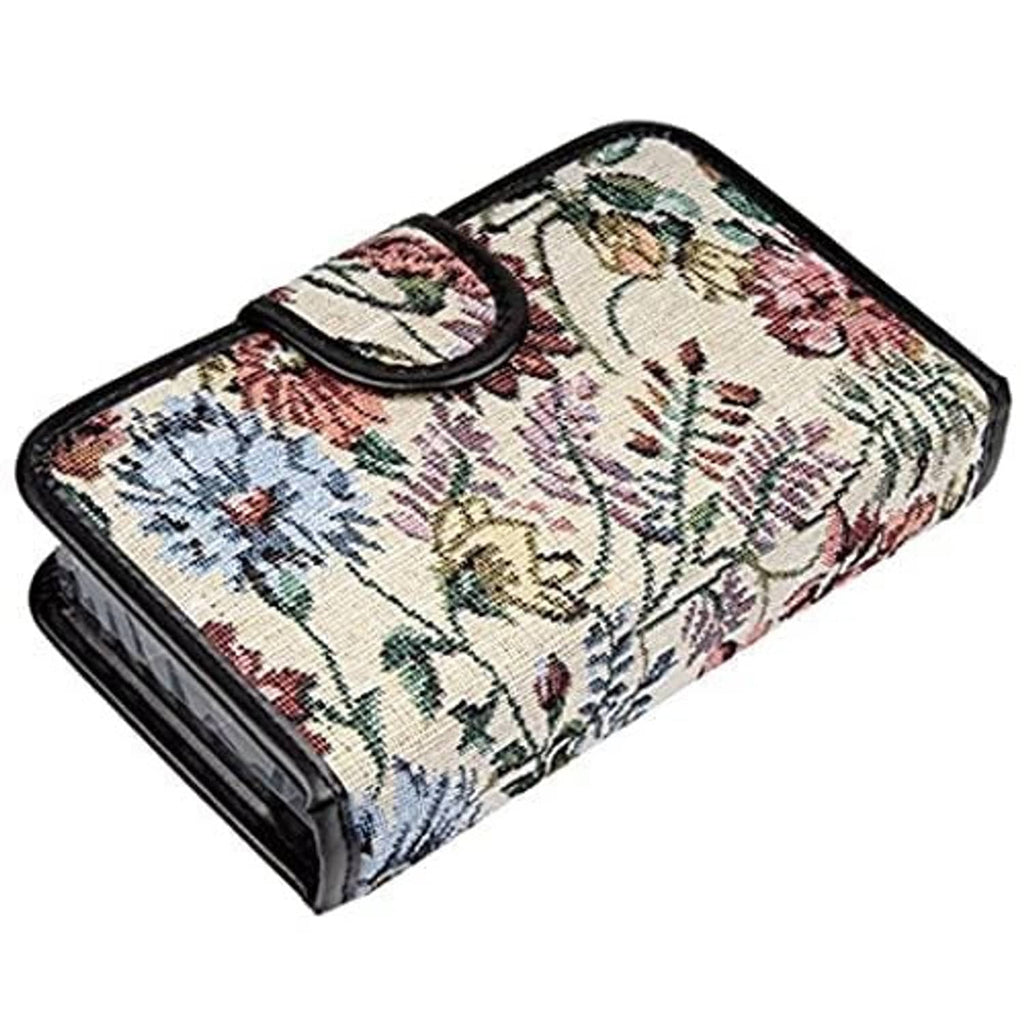 Floral 14-day pill holder case, tapestry-style fabric with black edge trim and elastic loop